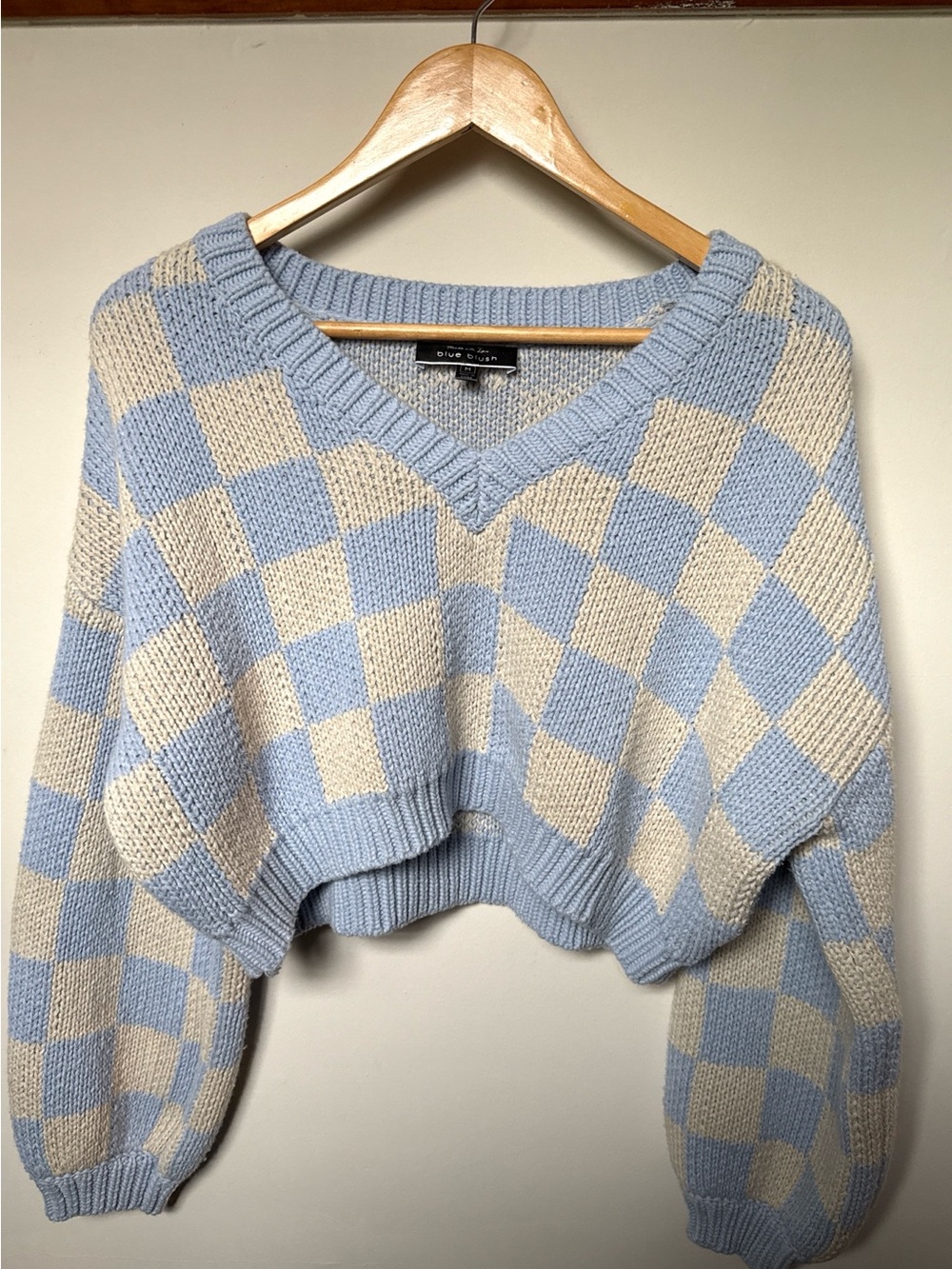 Blue Blush Blue & Cream Checker Knit Cropped Sweater - Picture 2 of 3